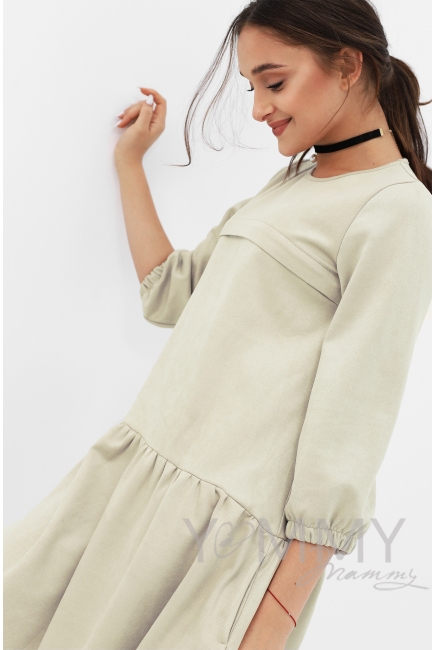 Платье для беременных и кормящих с воланом, с карманами замшевое, цвет светло-бежевый