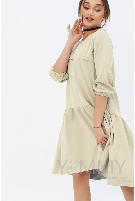 Платье для беременных и кормящих с воланом, с карманами замшевое, цвет светло-бежевый