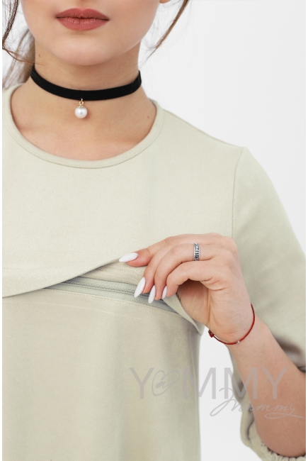 Платье для беременных и кормящих с воланом, с карманами замшевое, цвет светло-бежевый