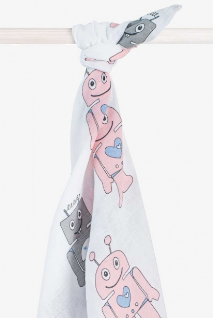 Муслиновая пеленка/простынь для новорожденных Jollein большая, Robot Pink