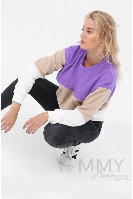 Толстовка для кормящих и беременных трехцветная, цвет экрю-сирень-серый
