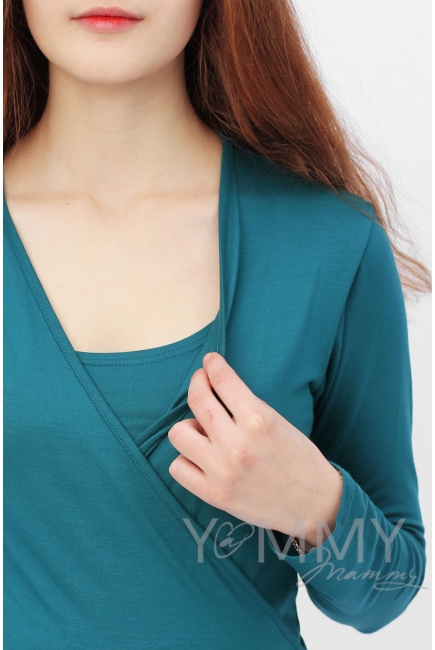 Платье на запах для беременных и кормящих с воланом, изумрудное