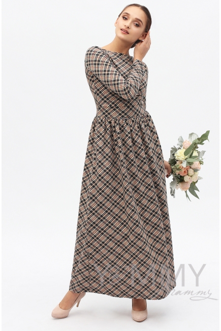 Платье длинное с карманами в бежевую/темно-синюю клетку для беременных