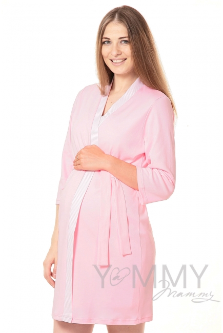 Комплект халат с сорочкой розовый с белой полоской