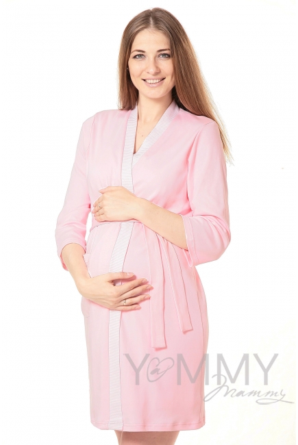 Комплект халат с сорочкой розовый с белой полоской