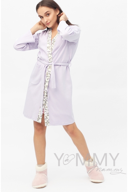 Халат лаванда с отделкой цветочный принт