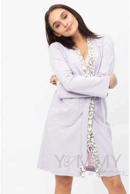 Халат лаванда с отделкой цветочный принт