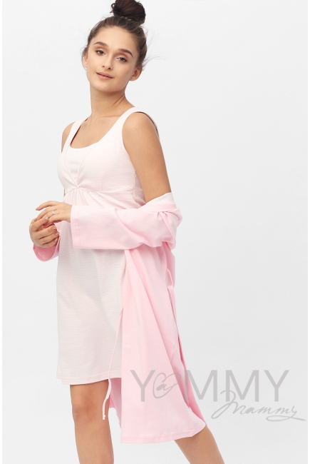 Комплект халат с сорочкой розовый с белой полоской