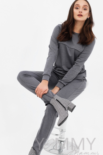 Костюм для беременных и кормящих из плотной вискозы, серый меланж