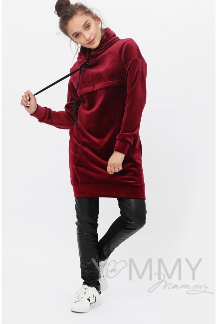 Платье-толстовка для кормящих и беременных с капюшоном из велюра, цвет марсала