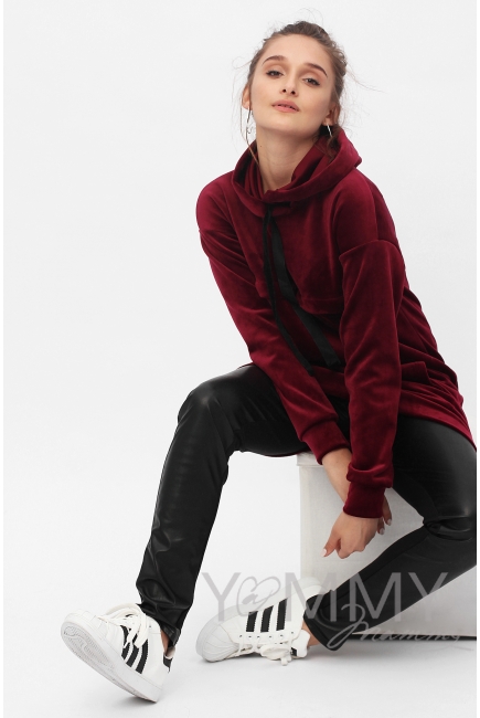 Платье-толстовка для кормящих и беременных с капюшоном из велюра, цвет марсала