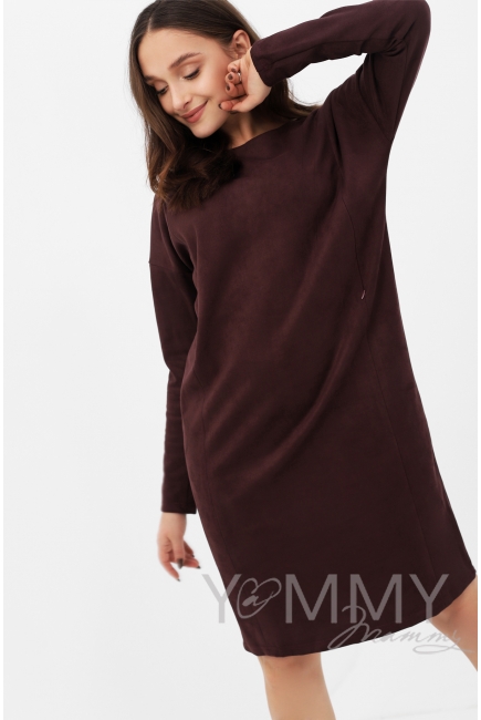 Платье для беременных и кормящих замшевое, бургунди