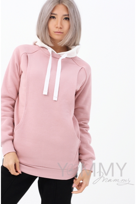 Толстовка для беременных и кормящих с капюшоном, пудрово-розовая