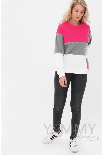 Толстовка для беременных и кормящих трехцветная, экрю-малина-серый