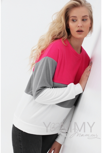 Толстовка для беременных и кормящих трехцветная, экрю-малина-серый
