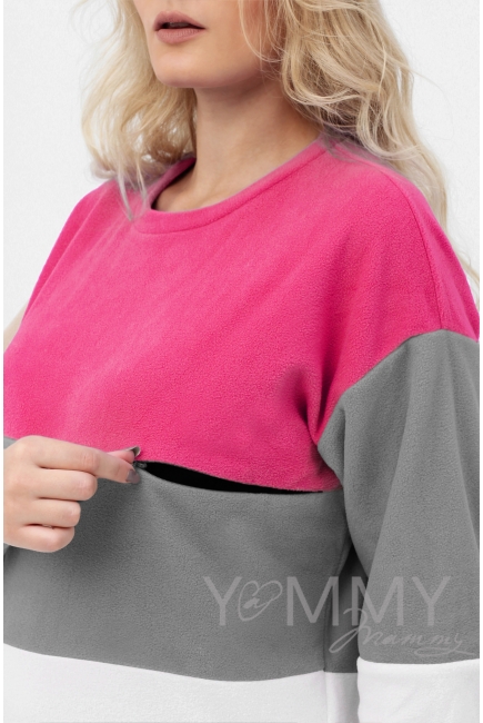 Толстовка для беременных и кормящих трехцветная, экрю-малина-серый