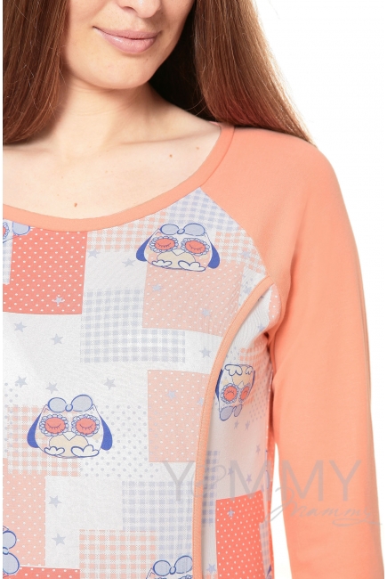 Платье для дома и сна персик / экрю / совы