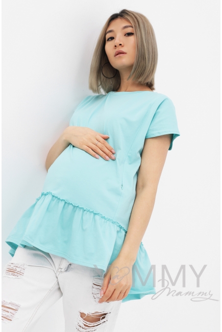 Футболка для беременных и кормящих свободного силуэта с воланом, цвет ментоловый