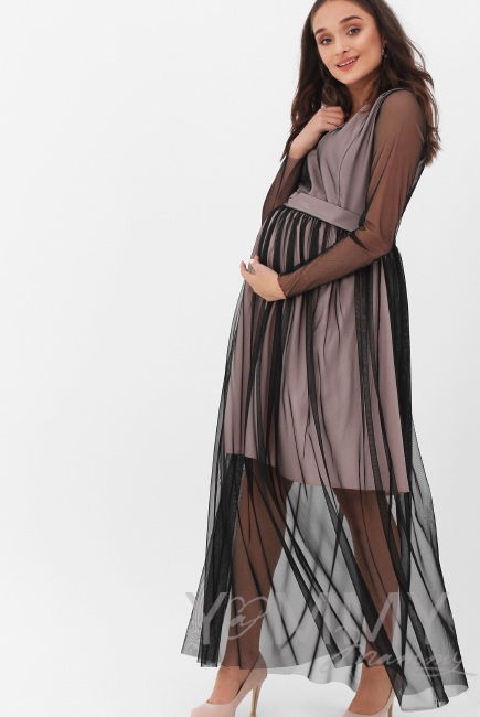 Вечернее платье для кормящих и беременных с поясом, цвет розовый с черной сеткой