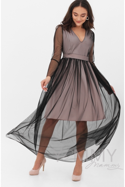 Вечернее платье для кормящих и беременных с поясом, цвет розовый с черной сеткой