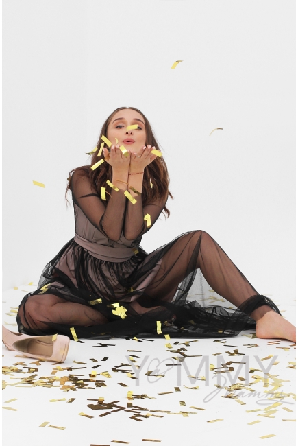 Вечернее платье для кормящих и беременных с поясом, цвет розовый с черной сеткой