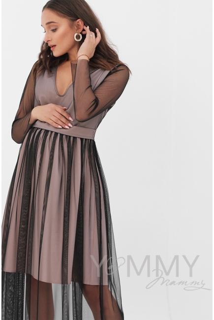 Вечернее платье для кормящих и беременных с поясом, цвет розовый с черной сеткой