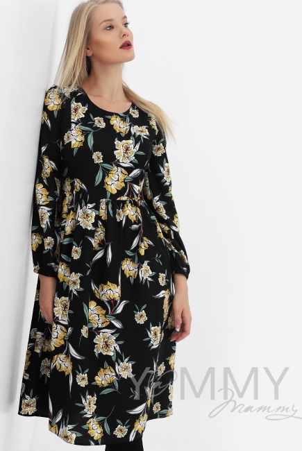 Платье для кормящих и беременных, цвет черный с цветами