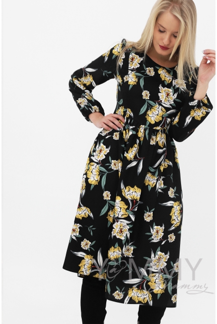 Платье для кормящих и беременных, цвет черный с цветами
