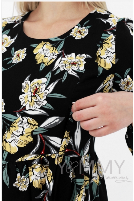 Платье для кормящих и беременных, цвет черный с цветами