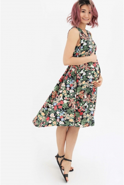 Платье-сарафан для беременных и кормящий, цвет черный/цветы