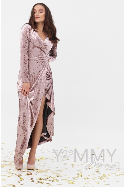 Вечернее платье для кормящих и беременных длинное бархатное на запах, цвет пудрово-розовый