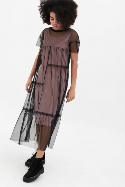 Платье для кормящих и беременных с сеткой, пудровое