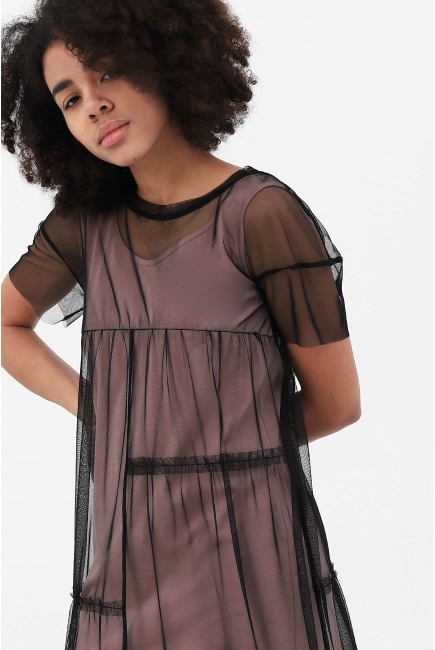 Платье для кормящих и беременных с сеткой, пудровое