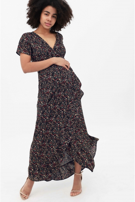 Платье для беременных и кормящих на запах с воланом, темно-синее с цветочным принтом