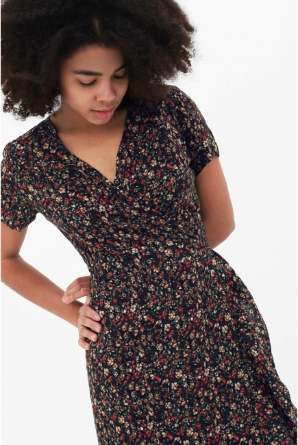 Платье для беременных и кормящих на запах с воланом, темно-синее с цветочным принтом