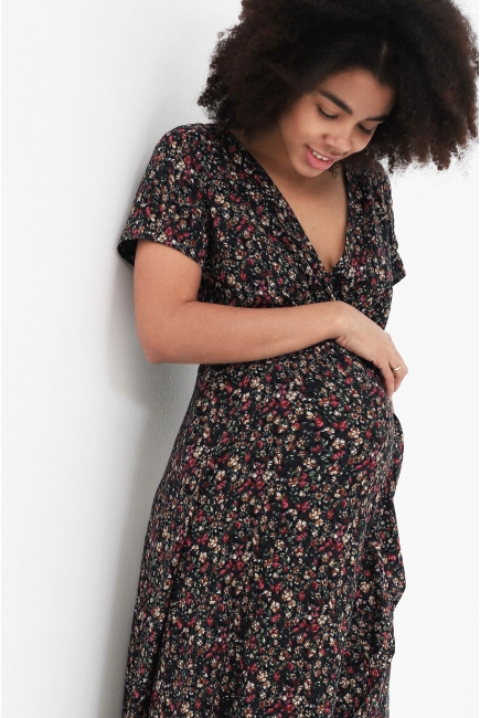 Платье для беременных и кормящих на запах с воланом, темно-синее с цветочным принтом