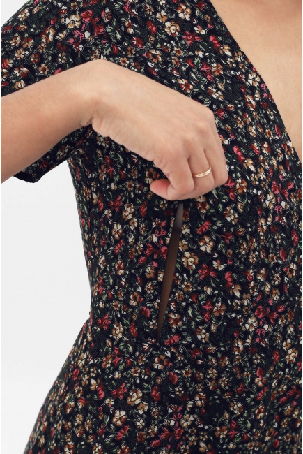 Платье для беременных и кормящих на запах с воланом, темно-синее с цветочным принтом