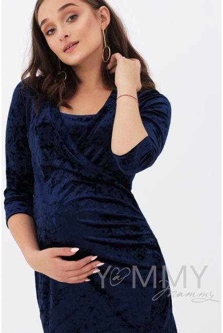 Вечернее платье для беременных и кормящих бархатное с защипами, цвет синее