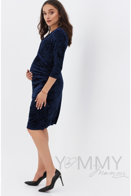 Вечернее платье для беременных и кормящих бархатное с защипами, цвет синее