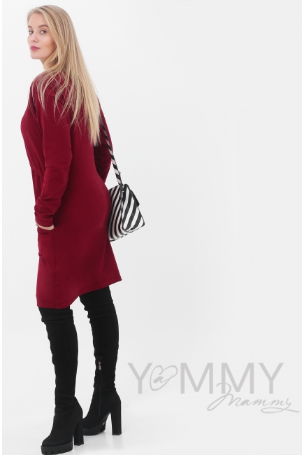 Платье для кормящих и беременных с длинным рукавом с карманами, марсала