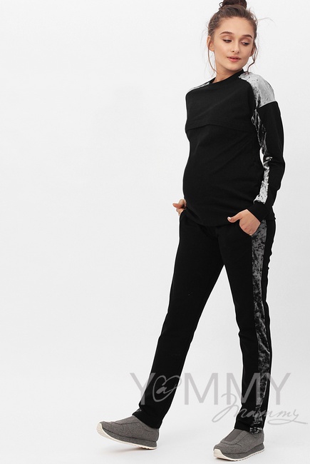 Костюм для беременных и кормящих с отделкой из велюра, черный