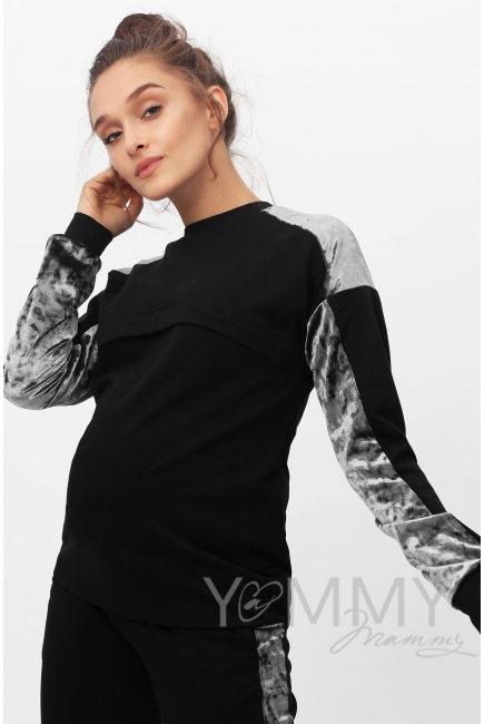 Костюм для беременных и кормящих с отделкой из велюра, черный