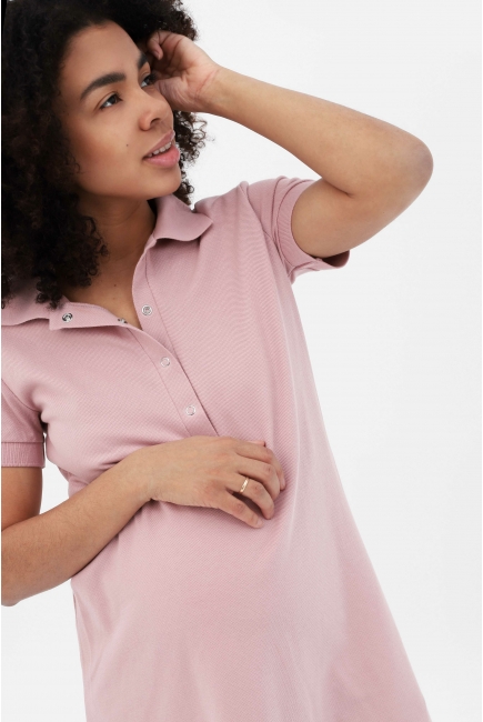 Платье - поло для беременных и кормящих, пудрово-розовое