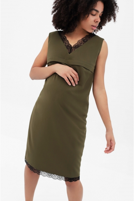 Платье для беременных и кормящих с кружевом, хаки