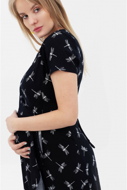 Платье для кормящих и беременных на запах с воланом со стрекозами, цвет темно-синий