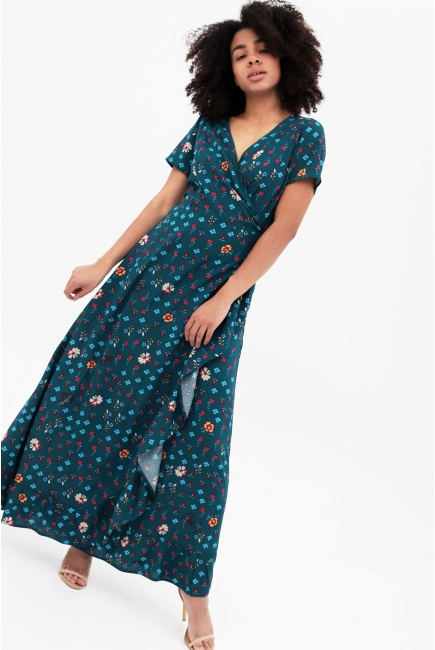 Платье для беременных и кормящих на запах с воланом с принтом, цвет темно-бирюзовый