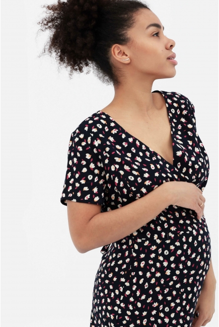 Платье для кормящих и беременных на запах в цветочек, цвет темно-синий