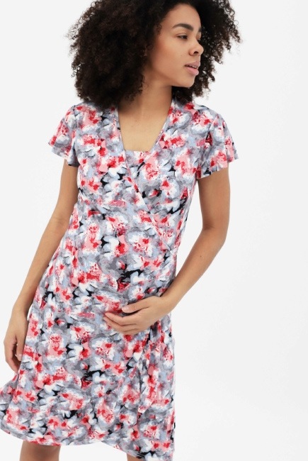 Платье для кормящих и беременных на запах с цветочным принтом, серо-голубое