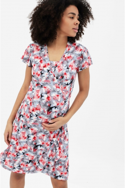 Платье для кормящих и беременных на запах с цветочным принтом, серо-голубое