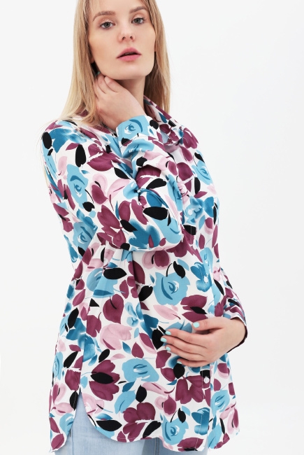 Рубашка для беременных и кормящих с цветочным принтом, синяя